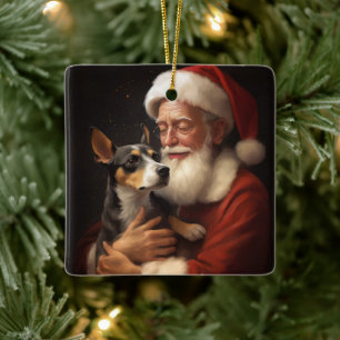 Ratten Terrier mit Weihnachtsmann Festliches Weihn Keramikornament