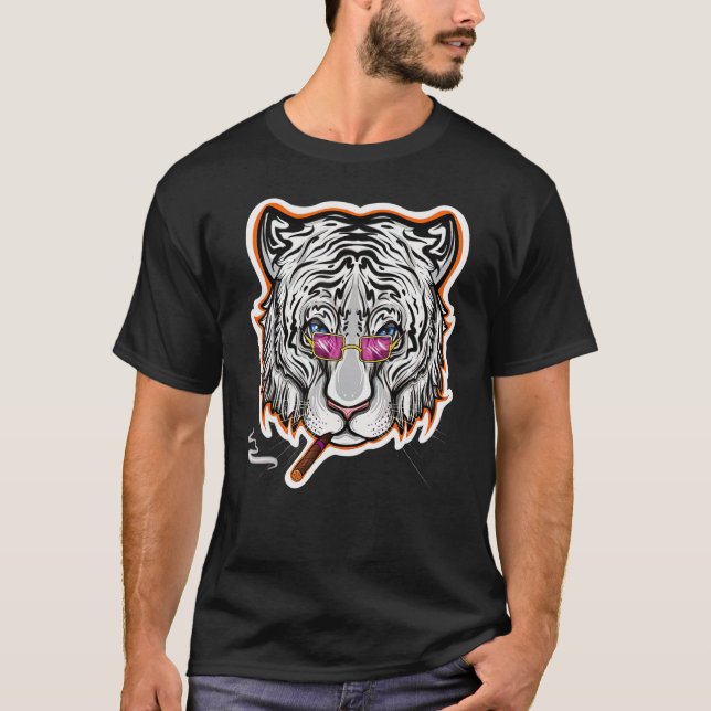 Rauchen in weißem Tiger mit Sonnenbrille T-Shirt (Vorderseite)