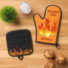 Rauchend heiße orange und rote Flammen Personalisi Ofenhandschuh & Topflappen-Set