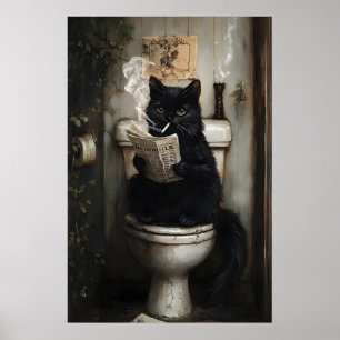 Rauchende schwarze Katze liest Zeitung auf der Toi Poster