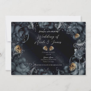 Rauchgraue Blaue Rosen Totenköpfe Gothic Hochzeit Einladung