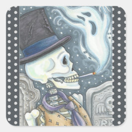 RAUCHSKELETON, FRIEDHOF-STICKER-HALTESTELLE QUADRATISCHER AUFKLEBER