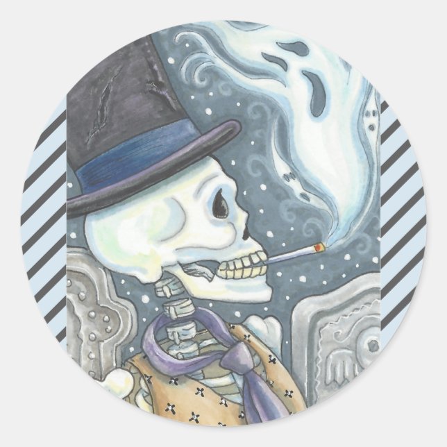 RAUCHSKELETON, FRIEDHOF-STICKER RUNDER AUFKLEBER (Vorderseite)