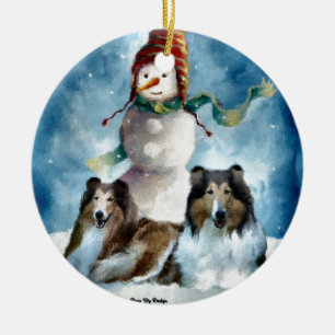 Rauer Collie mit Schneemann-Weihnachten Keramik Ornament