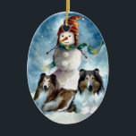 Rauer Collie mit Schneemann-Weihnachten Keramikornament<br><div class="desc">Vorzügliche raue Feiertagswaren-Geschenkideen Collie Weihnachtenart. wunderbare für den Collieliebhaber auf Ihrer Einkaufsliste. Weihnachtsprodukte schließen Karten,  Verzierungen,  Kapuzenpullis,  Sweatshirts,  mehr mit ein. Geben Sie als Weihnachtsgeschenke oder Leckerei sich!</div>