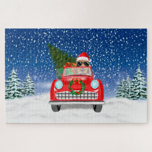 Rauhhaar Collie fährt Auto im Schnee Weihnachten  Puzzle
