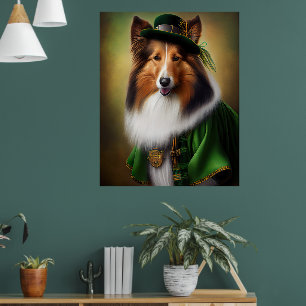 Rauhhaar-Collie-Hund im St. Patrick's Day-Kleid Poster