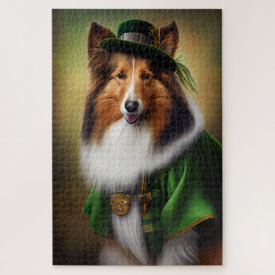Rauhhaar Collie Hund im St. Patrick's Day Kleid Puzzle