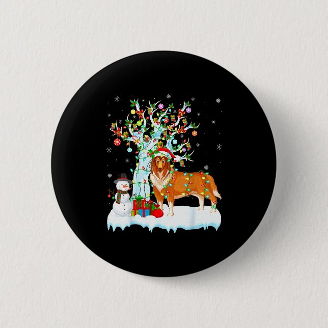 Rauhhaar Collie Hund Weihnachtsbaum Beleuchtung Ra Button (Vorderseite)
