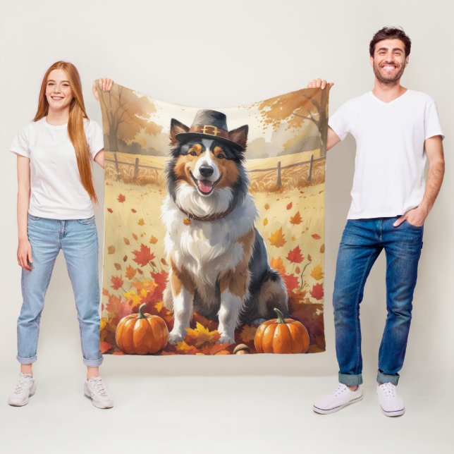Rauhhaar Collie im Herbstlaub Erntedank Kunst Fleecedecke (Beispiel)