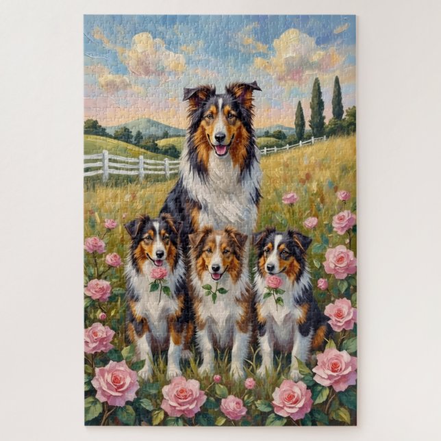 Rauhhaar Collie Rose Wiese Kunst Puzzle (Vertikal)