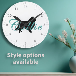 Rauhhaar Collie Silhouette Teal Schrift Text Runde Wanduhr