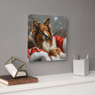 Rauhhaar Collie Weihnachtsfestlich Quadratische Wanduhr