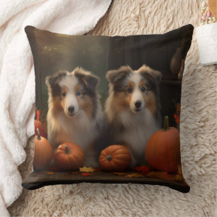 Rauhhaar Collie Welpe Herbstfreude Kürbis Kissen