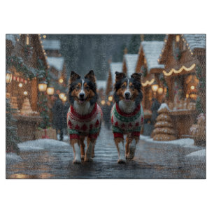 Rauhhaarige Collie-Hunde Weihnachten Schnee Feiert Schneidebrett