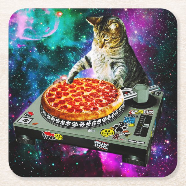 Raum-DJ-Katzenpizza Rechteckiger Pappuntersetzer (Vorderseite)