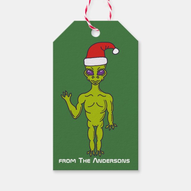 Raumfahrt-Alien in einer Weihnachtsmannmütze Perso Geschenkanhänger (Vorderseite)