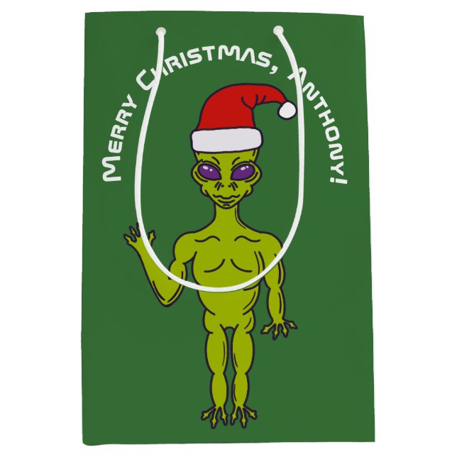 Raumfahrt-Alien in einer Weihnachtsmannmütze Perso Mittlere Geschenktüte (Vorderseite)