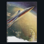 Raumflugzeug-Erde der Vintagen Science Fiction Notizblock<br><div class="desc">Vintage Illustration futuristische Science Fiction Reise und Transport Bild. Ein Raumschiff, das wie ein modernes Flugzeug aussieht (ähnlich dem Space Shuttle), das von Florida aus über den Atlantischen Ozean und die Erde startet. Flying up in den Himmel und die obere Atmosphäre. Ein klassischer 50er Retro-Comic Buch sci fi Design der...</div>
