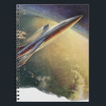 Raumflugzeug-Erde der Vintagen Science Fiction Notizblock<br><div class="desc">Vintage Illustration futuristische Science Fiction Reise und Transport Bild. Ein Raumschiff, das wie ein modernes Flugzeug aussieht (ähnlich dem Space Shuttle), das von Florida aus über den Atlantischen Ozean und die Erde startet. Flying up in den Himmel und die obere Atmosphäre. Ein klassischer 50er Retro-Comic Buch sci fi Design der...</div>