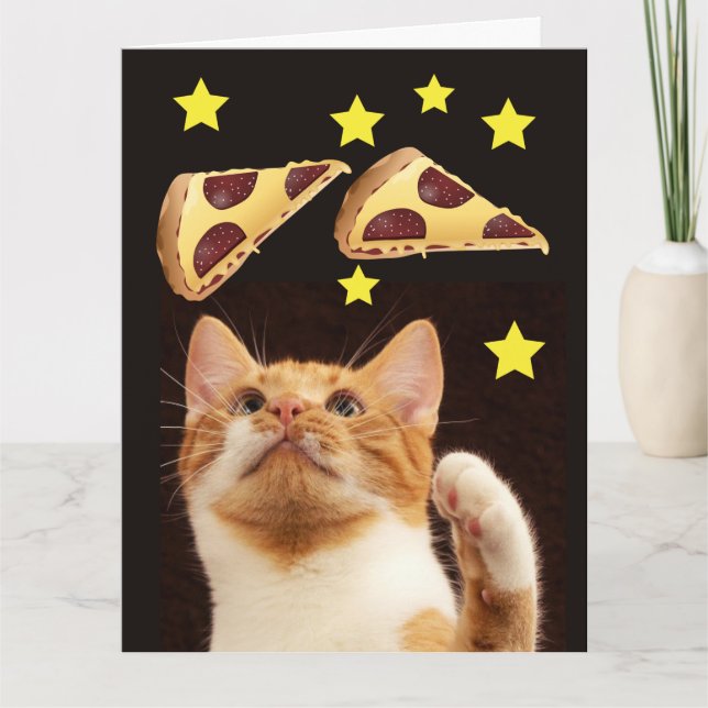 RAUMKATZE MIT PIZZA lustige GEBURTSKARTE Karte (Vorderseite)