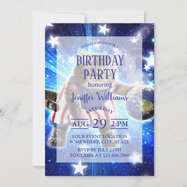 Raumkatze spielt Basketball Einladung (Vorderseite)