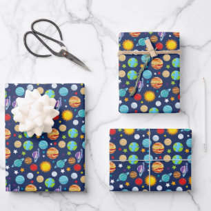 Raummuster, Planeten, Sterne, Kosmos, Galaxie Geschenkpapier Set