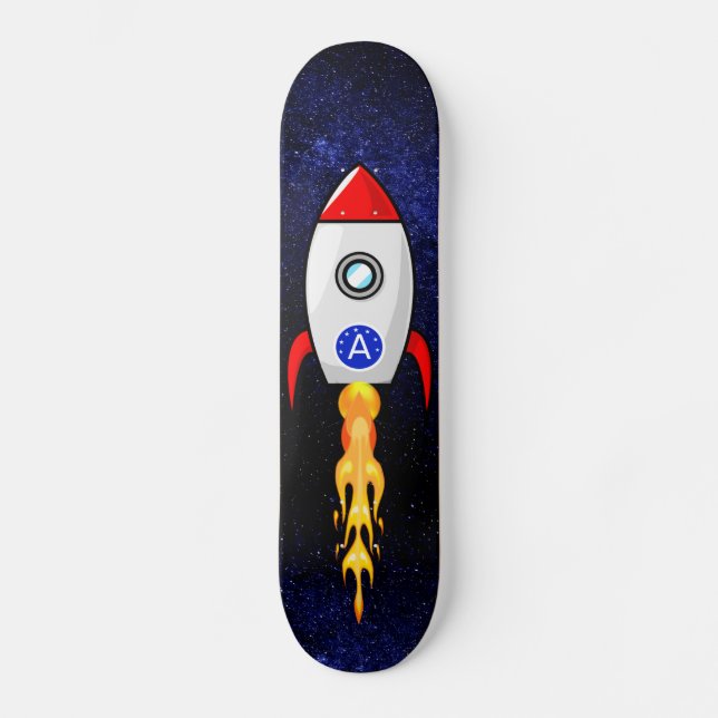 Raumrakete und Monogramm auf der Galaxie Skateboard (Vorderseite)