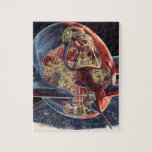 Raumschiff der Vintagen Science Fiction Puzzle<br><div class="desc">Vintage Illustration futuristische Science Fiction Reise und Transport Bild. Ein durchsichtiges Raumschiff,  das mit einem Astronautenpilot über die Erde fliegt. Ein klassischer 50er Retro-Comic Buch sci fi Design der Zukunft.</div>