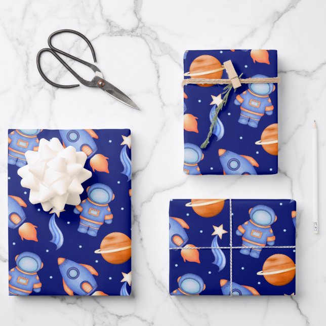 Raumschiff & Planeten Jungen Geburtstag Astronaut Geschenkpapier Set (Vorderseite)