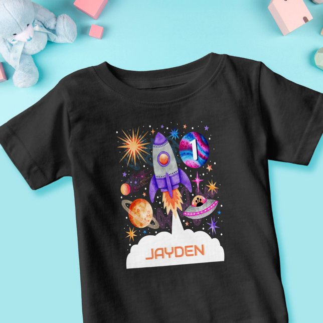 Raumschiff-Planeten UFO und Raumfahrzeuge des Astr Baby T-shirt (Rocket Ship Planets UFO and Astronaut Space Boys Baby T-Shirt)