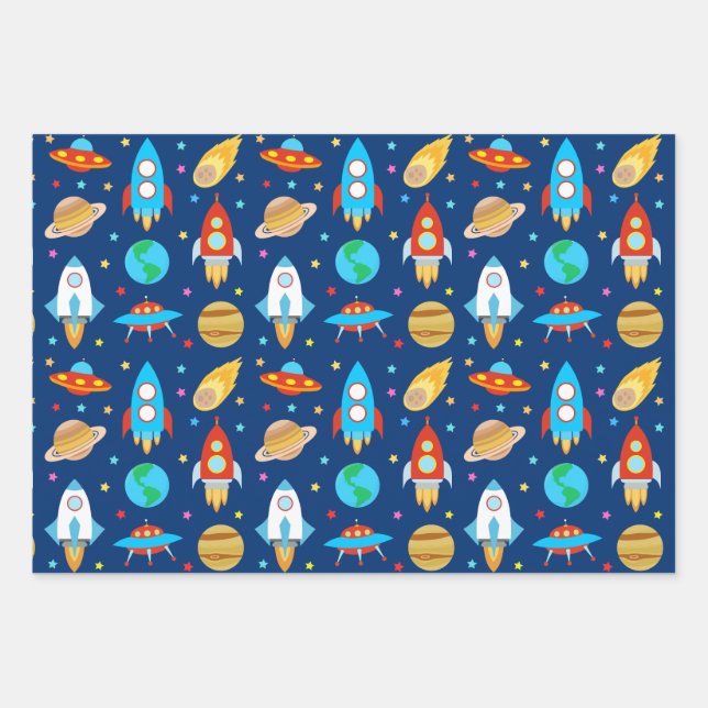 Raumschiff-Sterne Komets Planets Blue Geschenkpapier Set (Vorderseite)