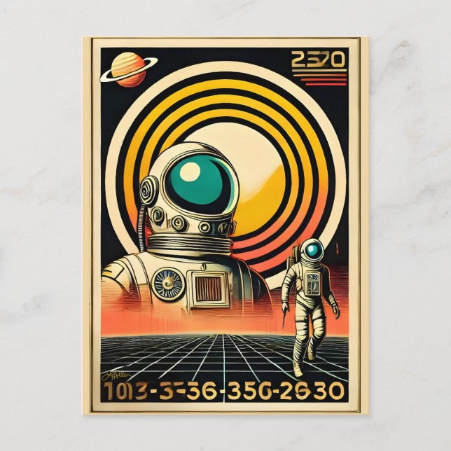 Raumzeitalter Mitte des Jahrhunderts Astronaut Lan Postkarte (Vorderseite)