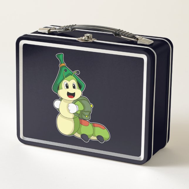 Raupe als Student mit Rucksack Metall Brotdose (Vorderseite)