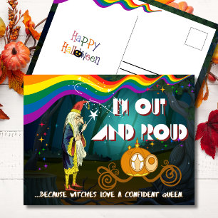 Raus und stolz Regenbogen-Zauberer Halloween Feiertagspostkarte