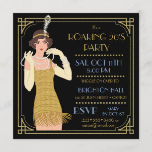 Rauschende 20er Flapper Gold Glitter Schwarz Retro Einladung