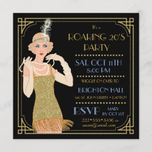Rauschende 20er Flapper Gold Glitter Schwarz Retro Einladung