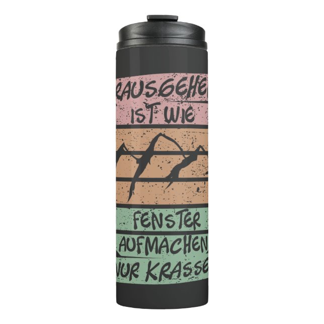 Rausgehen ist krasser, Sonnenuntergang, Berge  Thermosbecher (Vorderseite)