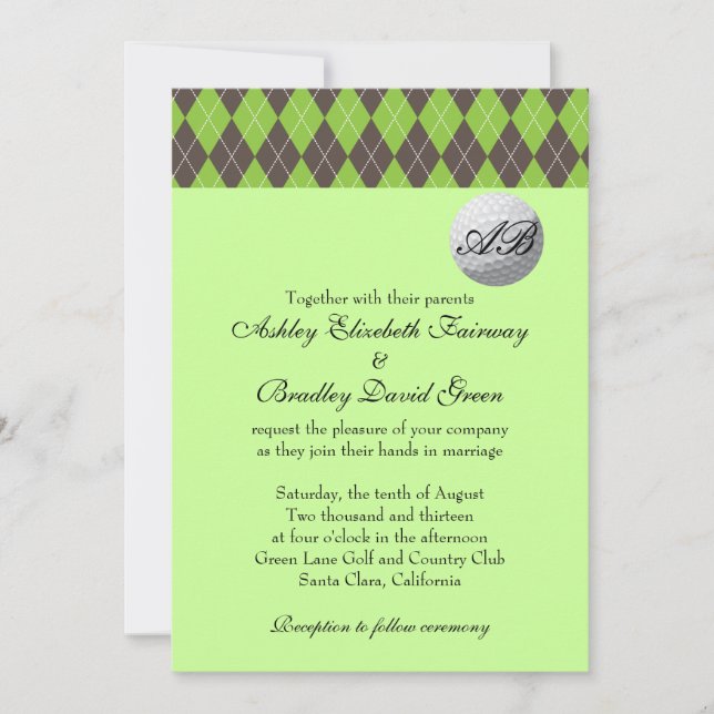 Raute Golfball Golfing Green Monogram Wedding Einladung (Vorderseite)