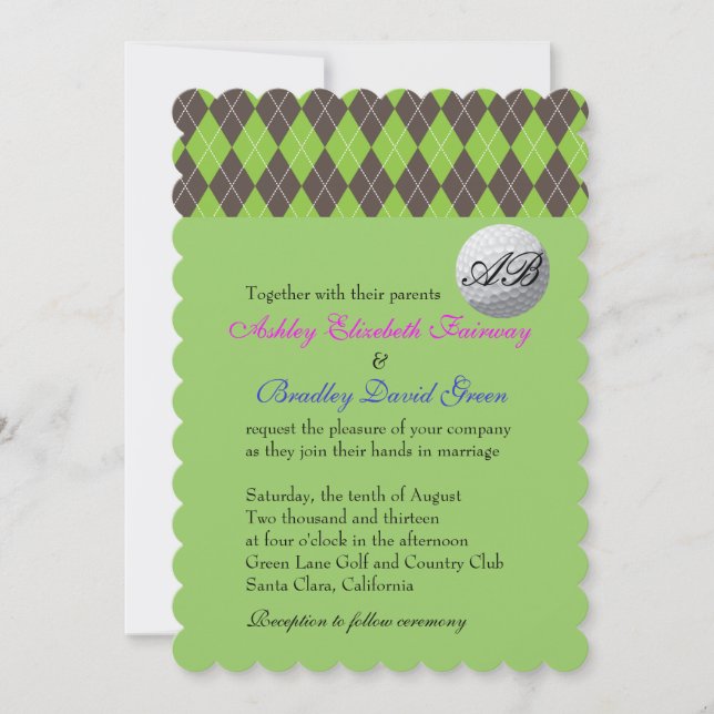 Raute Golfball Golfing Green Monogram Wedding Einladung (Vorderseite)