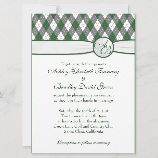 Raute Golfball Golfing Green Monogram Wedding Einladung (Vorderseite)