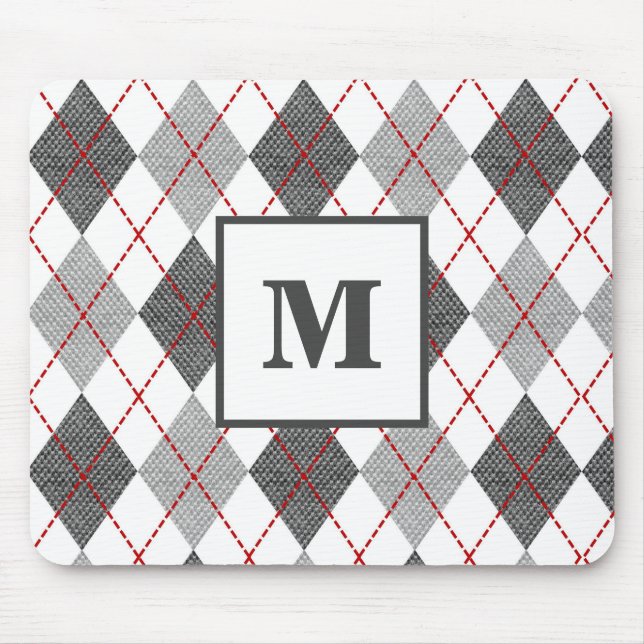 Raute Kariert Rot-Grau-Silber-Monogramm Mousepad (Vorne)