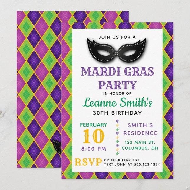 Raute Mardi Gras Party Einladung (Vorne/Hinten)