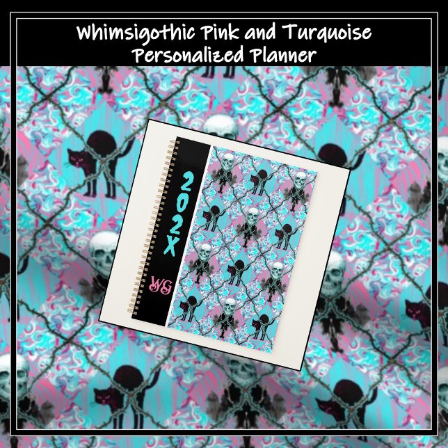 Raute mit Stacheldraht Rosa und Türkis Whimsigotik Planer (Whimsigothic black cats, skulls, ink blots, barbed wire on pink and turquoise argyle.)