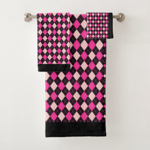 Raute-Muster in Rosa und Schwarz Badetuch Set