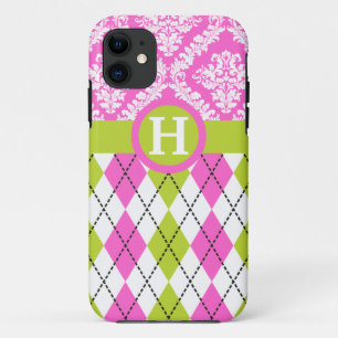 Raute- und Damastmuster grün, rosa Monogramm Case-Mate iPhone Hülle