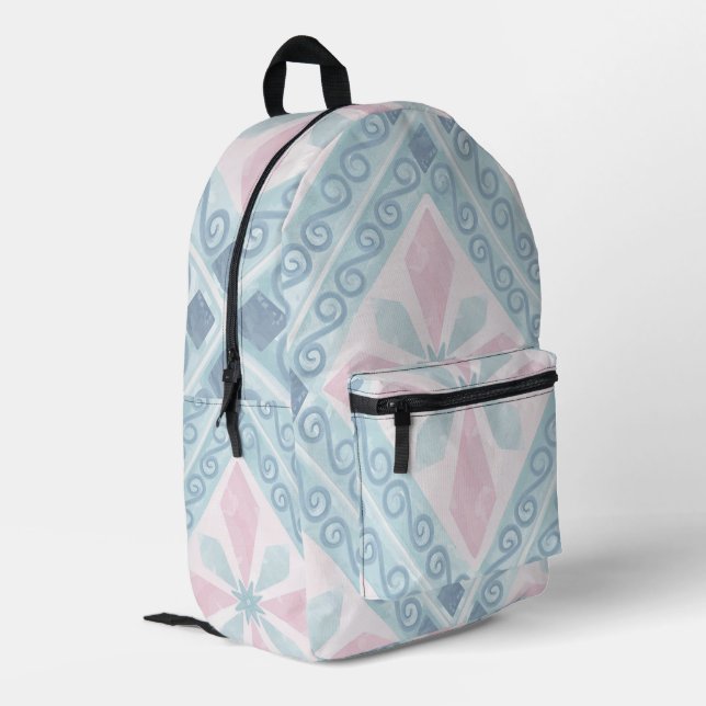 rautenförmiges blaues Muster Bedruckter Rucksack (Rückseitige Ecke links)