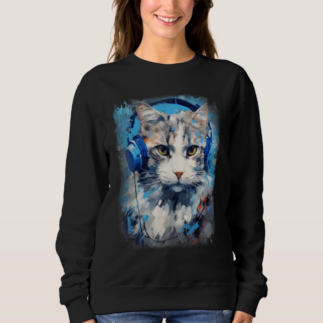 Rave EDM Ragamuffin Cat Headphone Sweatshirt (Vorderseite)