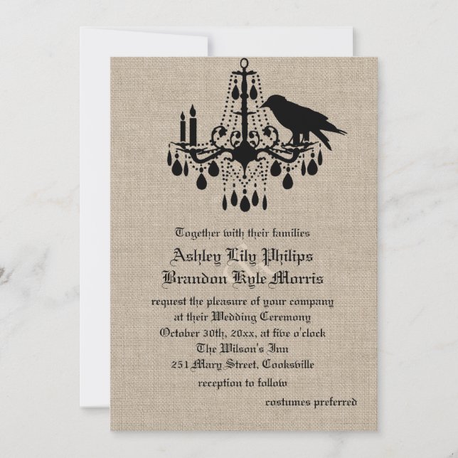 Raven and Damask on Burlap Wedding Einladung (Vorderseite)
