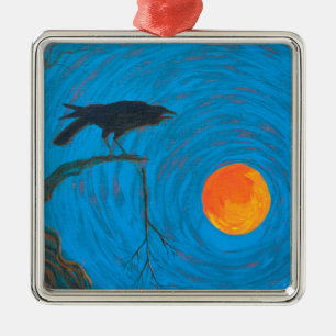 Raven and Full Moon Silbernes Ornament